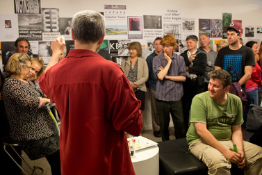 Photospace Gallery's 15th anniversary exhibition opening. james gilberd making speech